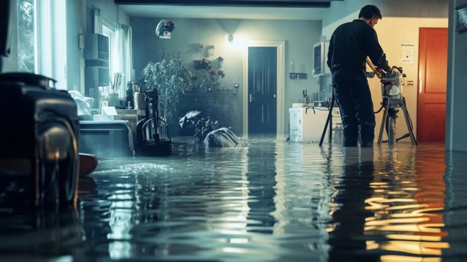Technician with a camera on a tripod assessing a flooded living room