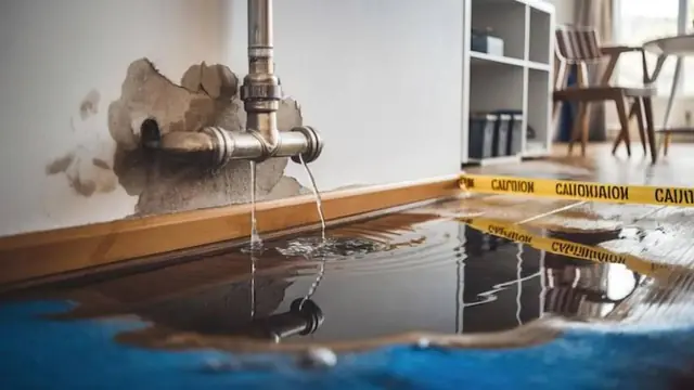 Water spraying from a damaged pipe in a wall and pooling on the floor behind caution tape