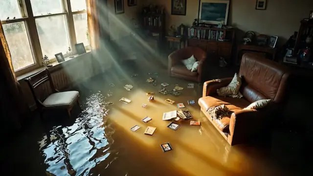 Flooded living room with armchairs and scattered photographs floating in standing water