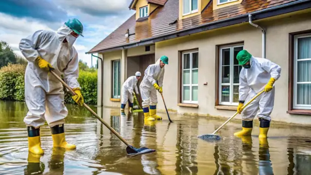 Crew in white protective suits and boots cleaning contaminated floodwater beside a house