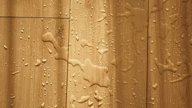 Close view of water beading on wet hardwood floorboards